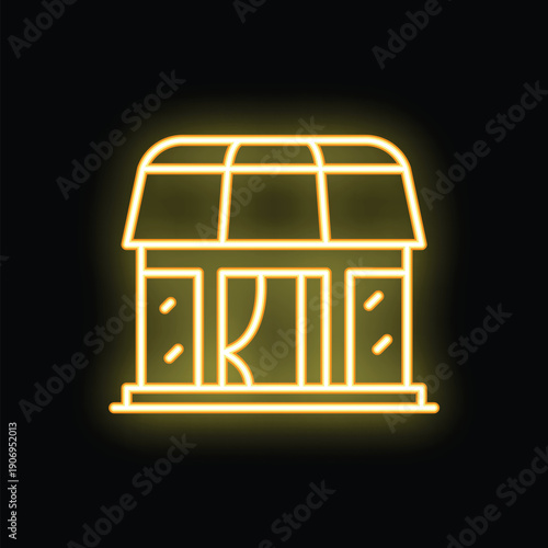 Simple luminous yellow outline icon representing a market stall with a striped awning on a black background