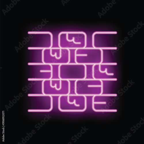 Purple neon sign of a brick wall shining on a black background