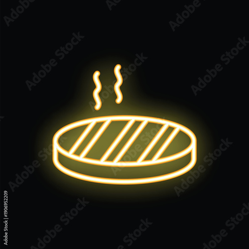 Bright yellow neon icon of a grilled steak with grill marks and smoke, perfect for representing delicious food