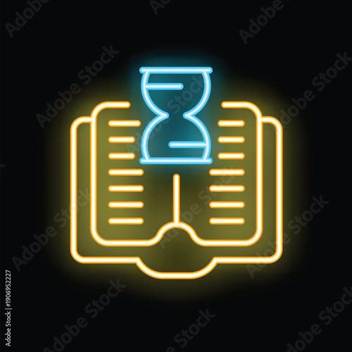 Neon sign depicting an hourglass resting on an open book, representing the passage of time and the preservation of history through literature