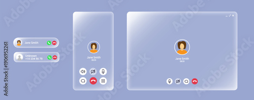 Video call screen and mobile audio push with liquid glass frame. White light board with call interface for web and mobile phone. Sound, mic, video and message icons and avatar. Messenger app mockup.