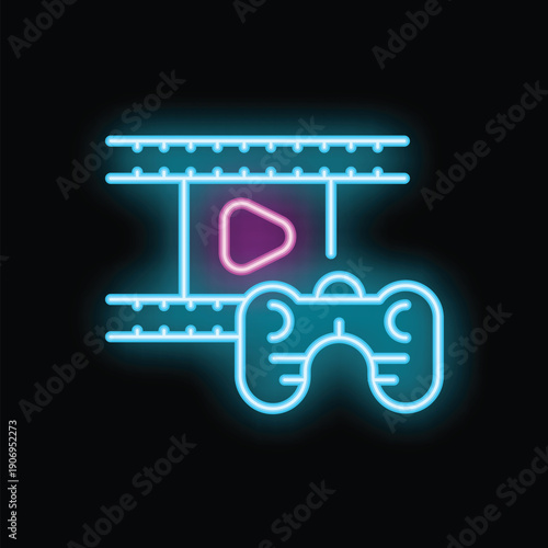 Neon glowing icon of video game controller playing video file on screen
