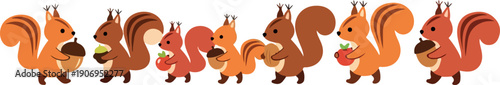 A sequence of cartoon squirrels in various poses holding acorns and nuts depicted from a side view