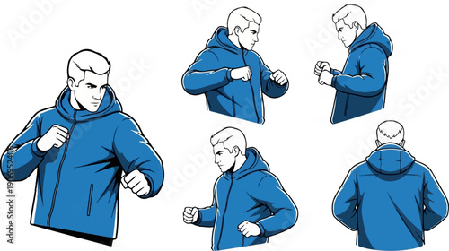 Multiple poses of a man in a blue hooded jacket with fists clenched