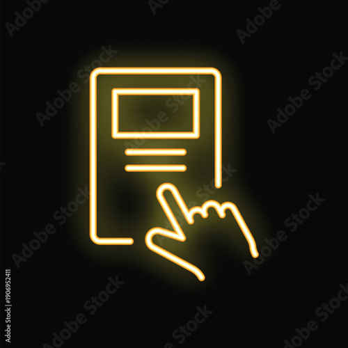 Glowing neon icon of a hand with index finger extended pointing at a tablet computer screen