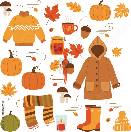 Autumn cozy elements set with sweater raincoat scarf pumpkins leaves and hot drink, fall season lifestyle collection cartoon flat vector illustration isolated on white background