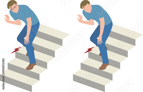 階段を降りる時、膝が痛むシニア男性のイラスト
