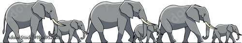A herd of elephants walking together in a procession illustration