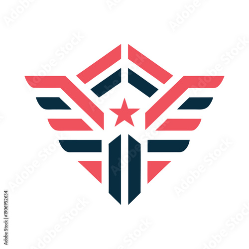 Red and navy blue abstract star and wing emblem with a central star wings