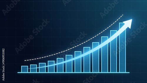 Digital business bar chart animation with steadily rising arrow and dotted trend line. Illustrating strong revenue growth, financial success, positive analytics, and long-term market development 