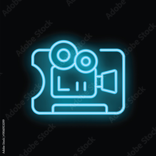 Bright glowing neon blue icon of a ticket for a movie theater showing a vintage movie camera on a black background