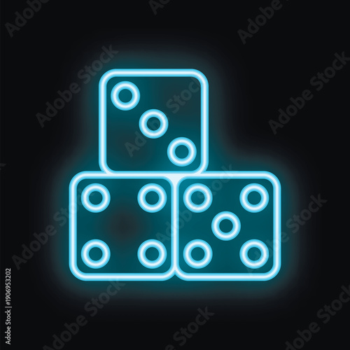Blue neon sign with three dice stacked on top of each other glowing on dark background