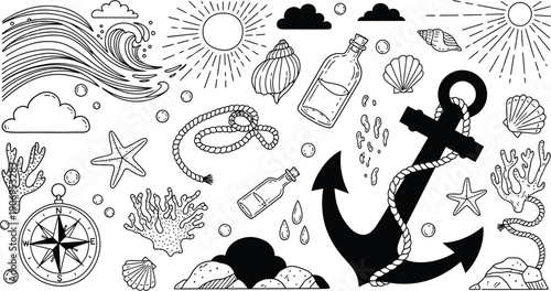 Nautical themed coloring page with various ocean elements and a large anchor on a eps vector