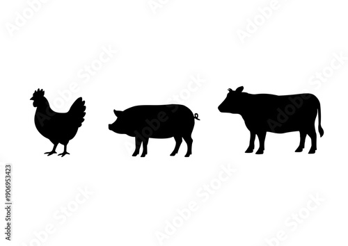 鶏と豚と牛のシルエットイラスト　ビーフ　ポーク　チキン　シンプルなアイコン素材 原材料