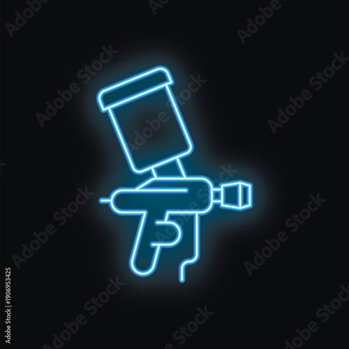 Blue neon sign illustrating a paint spray gun on a black background
