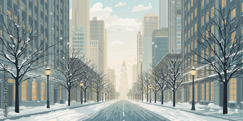 A snow-covered winter cityscape showcases towering skyscrapers and urban architecture along a busy downtown street where traffic flows through the heart of the snowy Chicago business district