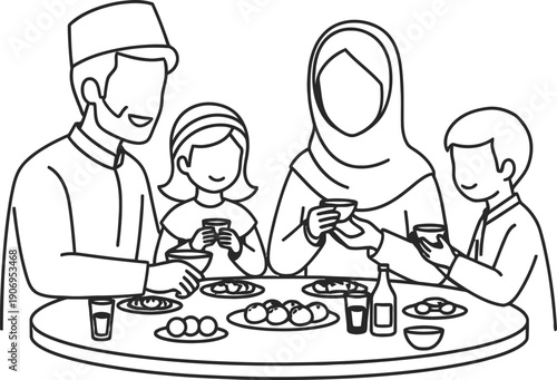 A family sharing a meal together with traditional clothing and food.
