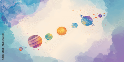 Abstract blue sky watercolor background with colorful hot air balloons flying among white clouds over a rainbow and earth globe planet illustration