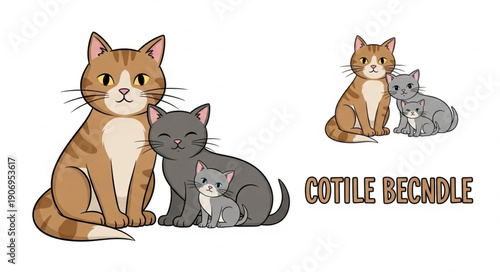 Cute cartoon cat family illustration with kittens.