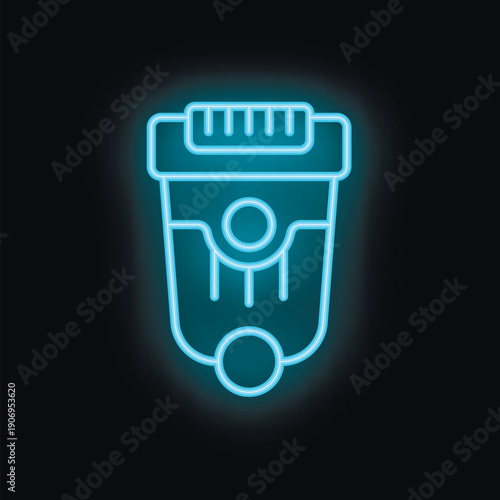 Blue neon icon of modern electric epilator glowing on dark background