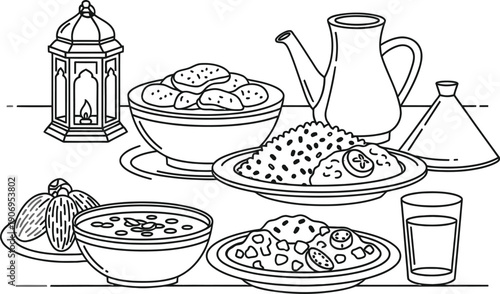 A beautifully arranged table with a variety of dishes and a lantern.