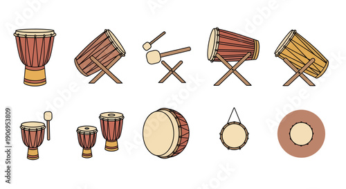 Traditional Percussion Instrument Icon Set, Bedug Ramadan and Djembe Drum Vector Illustration