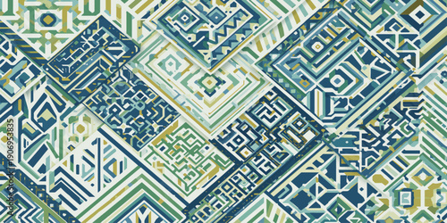 Set of seamless geometric patterns featuring vintage Thai style tiles and traditional oriental textile textures for elegant wallpaper design