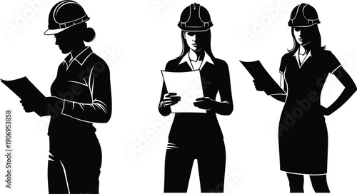 Professional Female Engineer and Architect Set Wearing Hard Hat Holding Construction Plans in Black and White Vector Silhouette Illustration Style