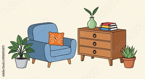 Cozy Armchair and Dresser with Potted Plants.
