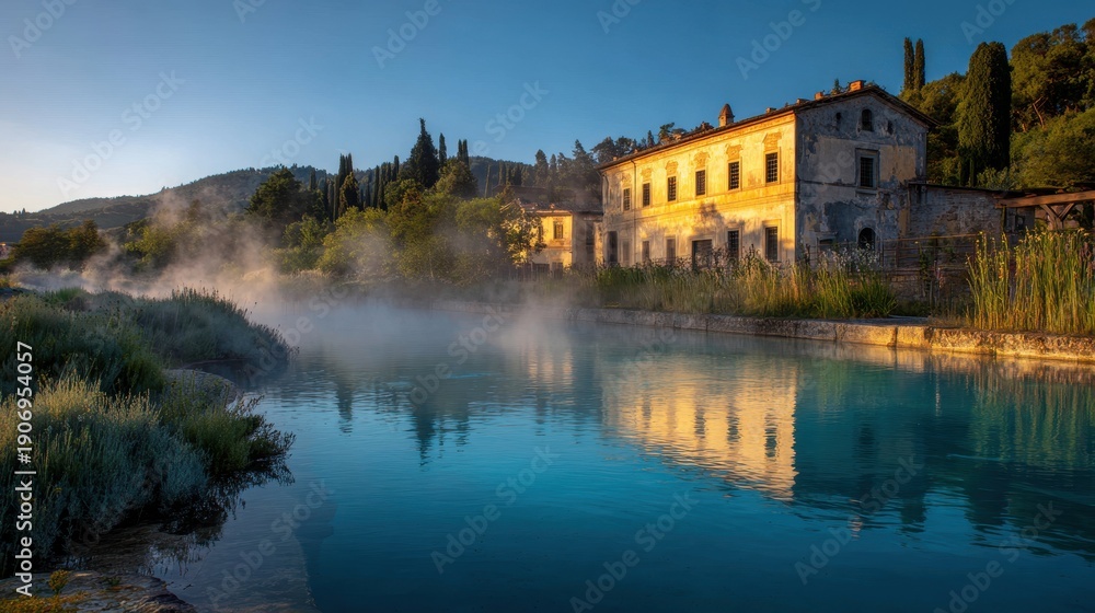 Obraz premium Scenic view of thermal hot springs with steam rising from turquoise water, reflecting historic buildings and lush green landscape at sunrise.