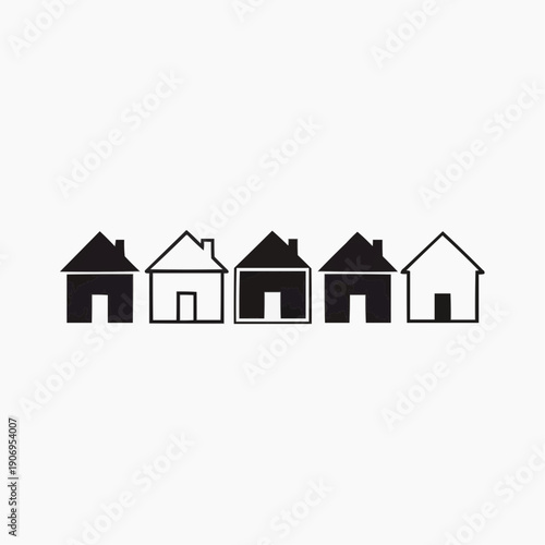Minimalist graphic row of five house icons, filled and outlined. Central dwelling subtly emphasized. Ideal for home selection, property concepts, community design elements