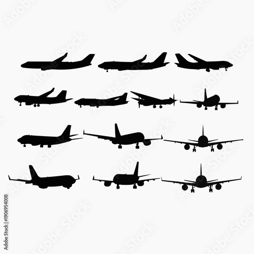 Collection of 12 silhouette illustrations of various passenger airplanes, each depicted from a side profile, showcasing diverse aircraft models and designs, perfect for aviation themes