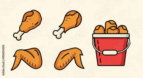 Crispy Fried Chicken Pieces and Bucket Icon Set.