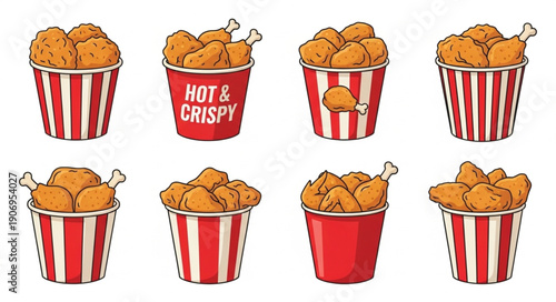 Crispy Fried Chicken Buckets Assortment Delicious Meal.