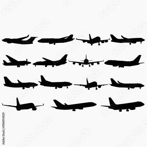 Collection of Airplane Silhouettes Various Aircraft Models, Passenger Jets, and Aviation Transportation Icons, Perfect for Travel and Aerospace Graphics