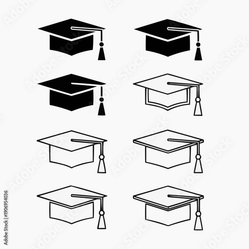 A versatile set of academic graduation cap icons, symbolizing educational achievement, scholarly success, and the culmination of hard work. Essential for designs celebrating learning milestones