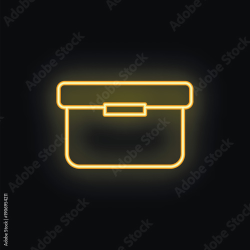 Bright yellow neon icon of a simple storage box is glowing on a black background