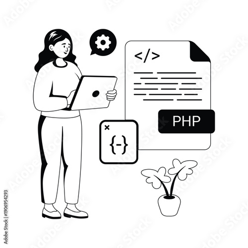 Creatively crafted glyph illustration of php web development and server side scripting