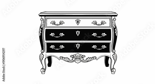 Ornate black and white illustration of a Rococo-style chest of drawers