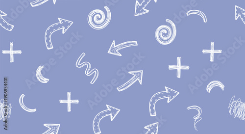Vector doodle arrows and symbols pattern, white on light blue background, for website or presentation background, overlay effect