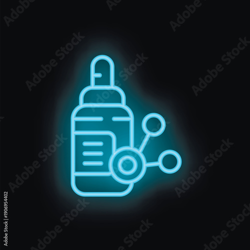 Neon blue icon of a medical bottle with a dropper and connected to a molecule, representing nano drugs for targeted therapy