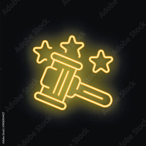 Neon gavel icon is shining, representing law, justice, and legal proceedings