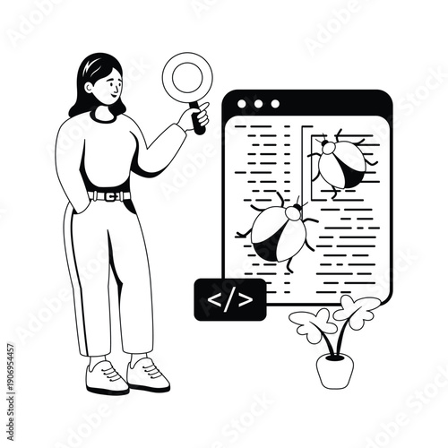 Website bug testing and software debugging process glyph illustration