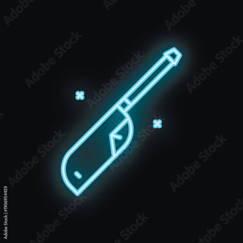 Blue neon icon of a pocket lighter striking up a flame, isolated on a black background