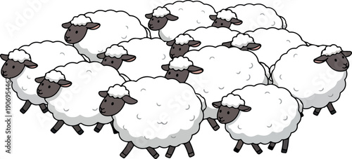 A flock of sheep walking together in the countryside, a serene illustration from a side view