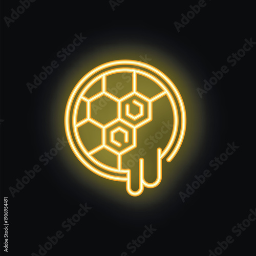 Golden neon icon of honeycomb dripping with honey in circle frame on black background