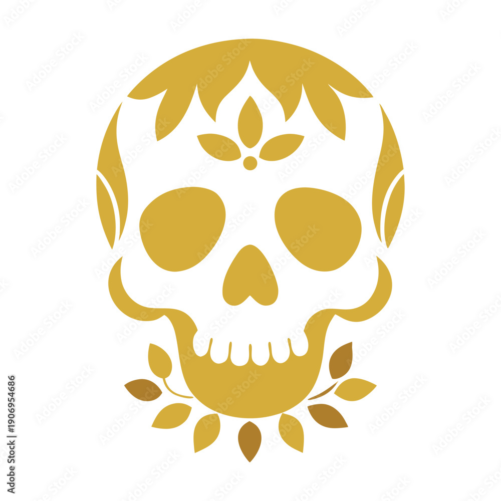 Fototapeta premium Minimal Gold Outline Skull With Flowers