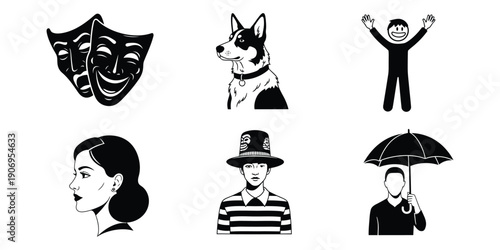 A collection of six black and white illustrations