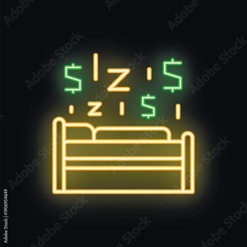 Neon glowing icon of a bed with currency symbols above representing the concept of passive income