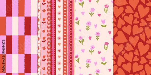 Vector set of seamless patterns, abstract hand-drawn quirky doodles,  love theme wallpaperes, Valentine's day decorative wrapping paper and textile backgrounds with hearts and flowers